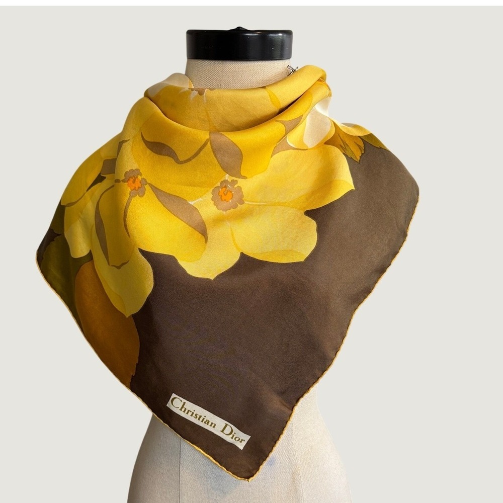 Christian Dior Vintage Silk Scarf Floral Brown Yellow Hand Rolled Square 30in